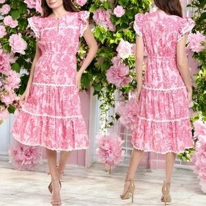 NEW Sail to Sable Sunburst Pink Ruffle Ric Rac Summer Garden Party Dress Size XS